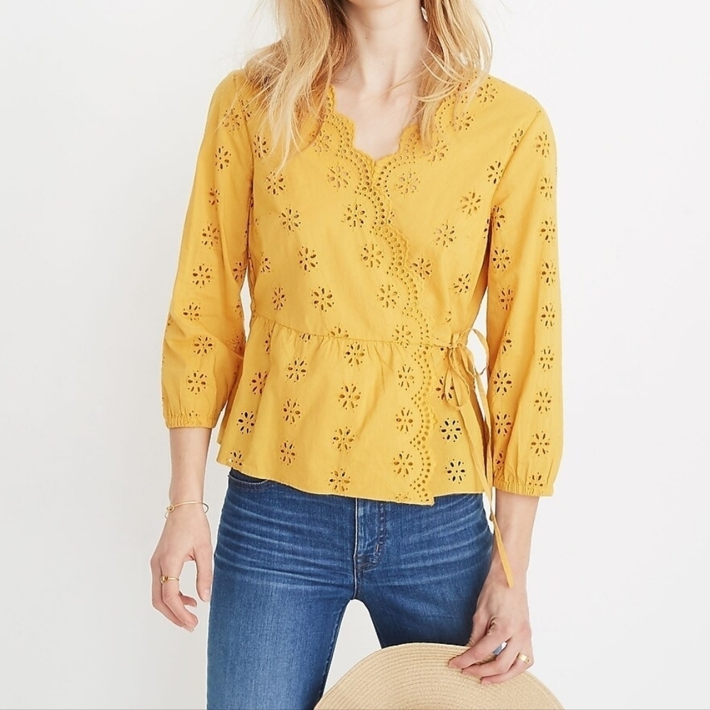 Madewell Scalloped Eyelet Wrap Blouse Mustard Yellow Boho Top - Picture 3 of 15